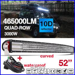 1pc 52inch 3000W 465000LM Curved Led Spot Flood Combo Light Bar + Wiring Harness